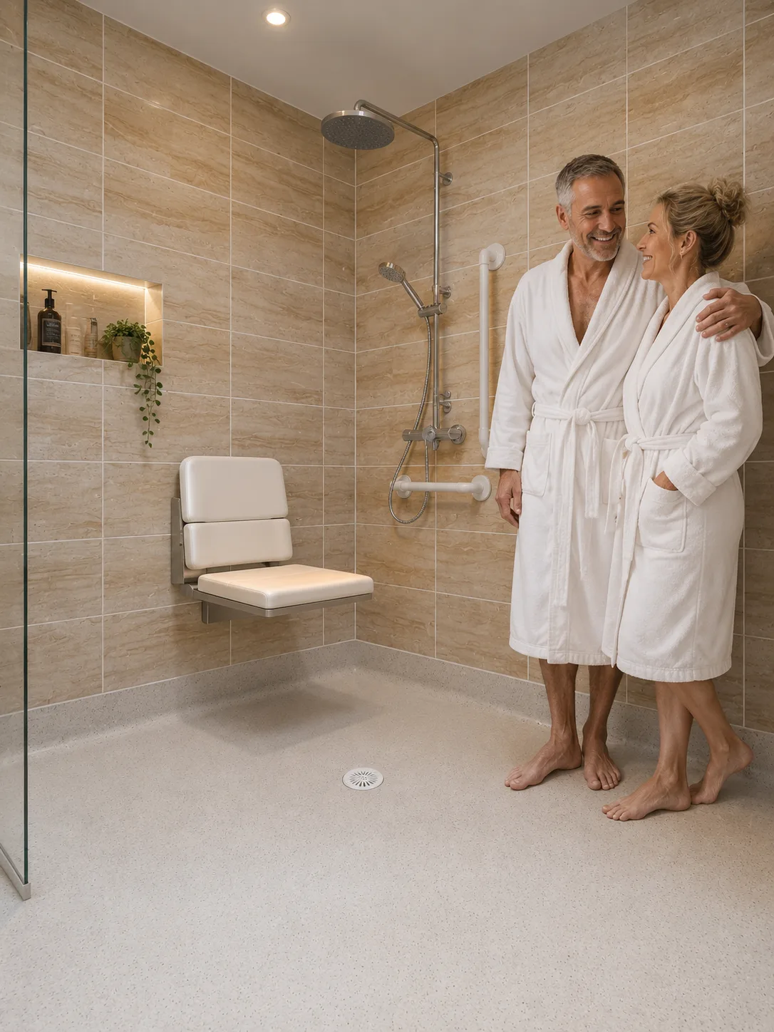 Couple standing together in a warm modern accessible shower room