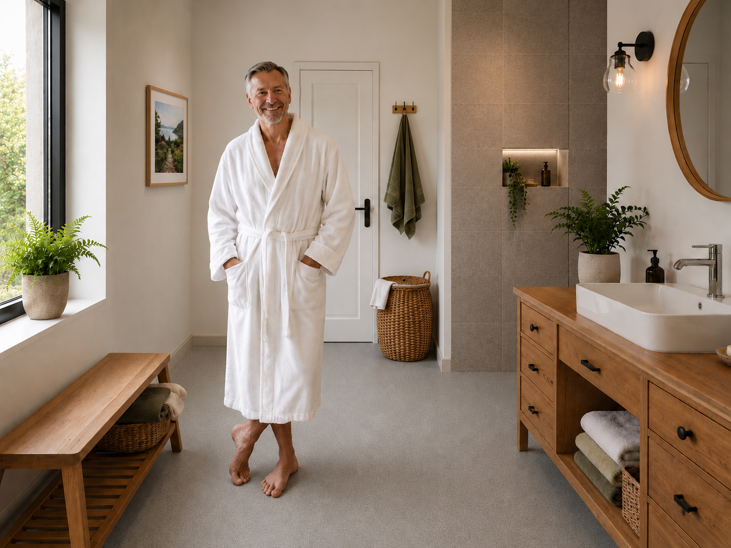 Man standing confidently in a modern accessible shower room