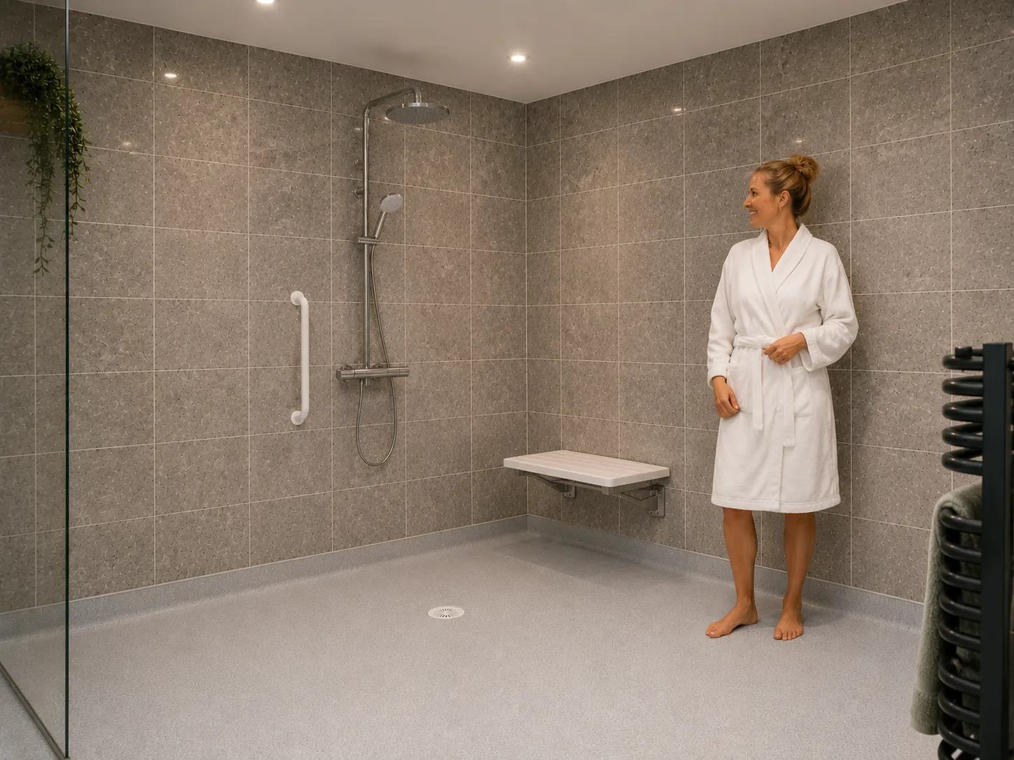 Woman standing confidently in a modern level-access shower room