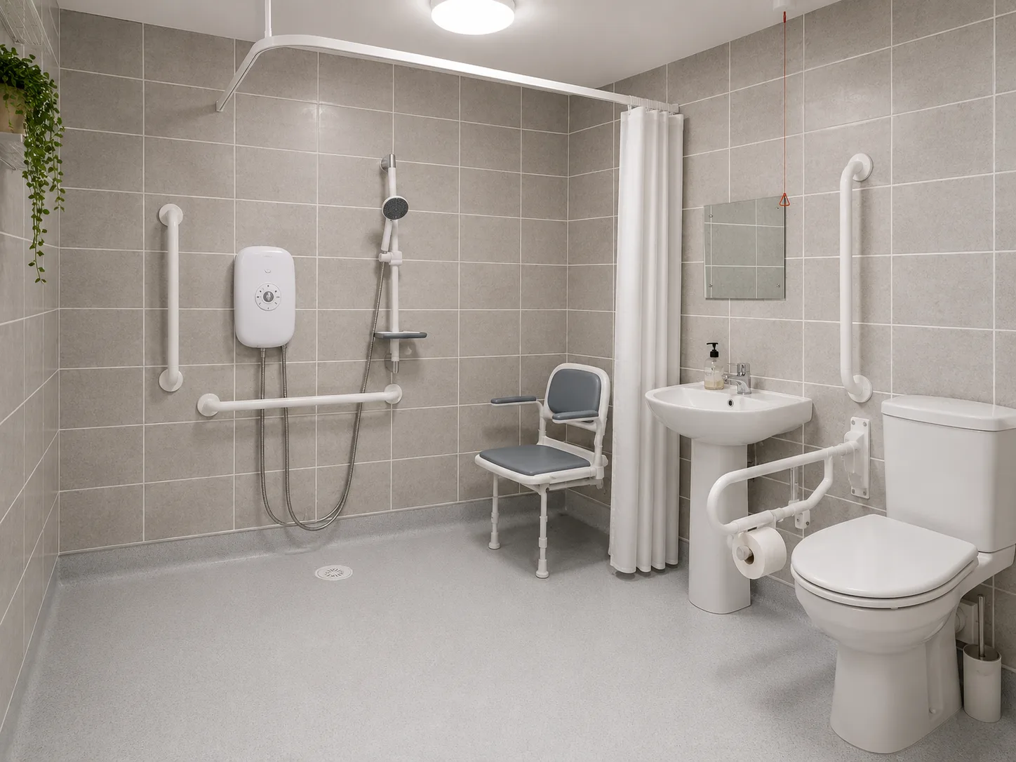 Accessible shower room with seating and grab rails